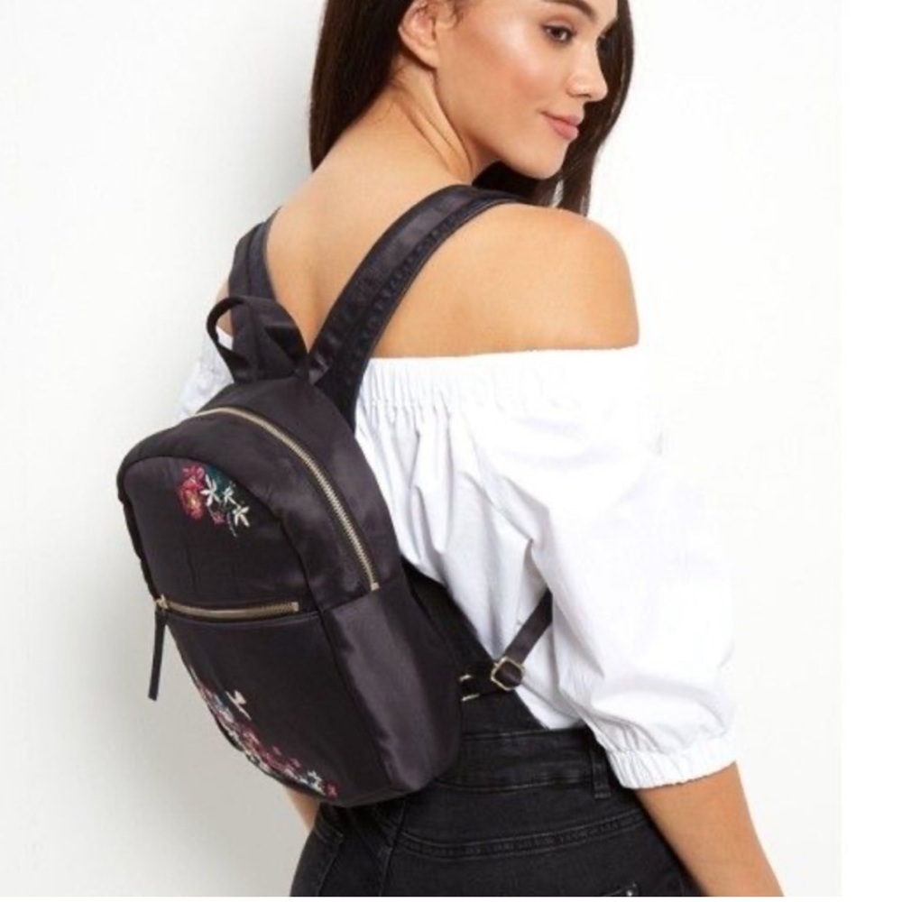 NEW Black satin backpack embroidered floral Kiss Me Couture size 11”x10”x3”